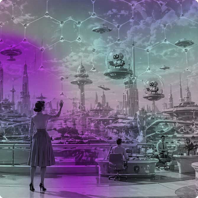 Futuristic cityscape with domed towers, hovering robots, and people in a high-tech observation deck.