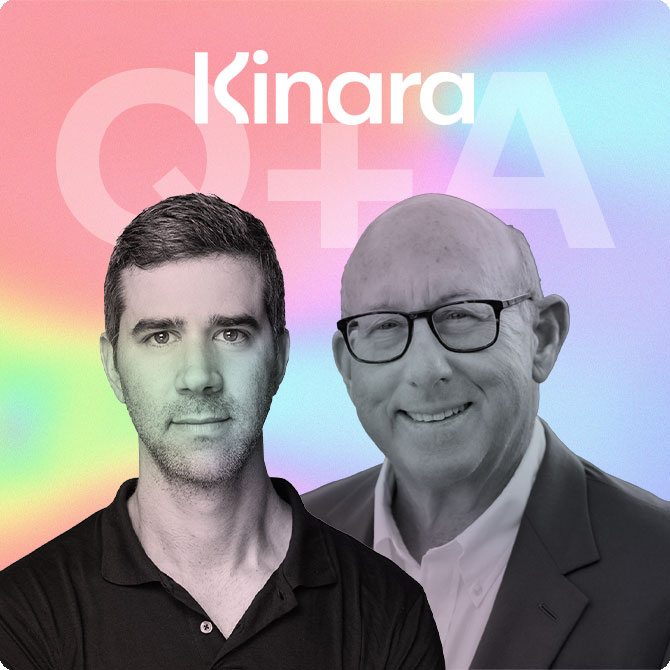 Two men pose in front of a pastel gradient with Kinara branding behind them.