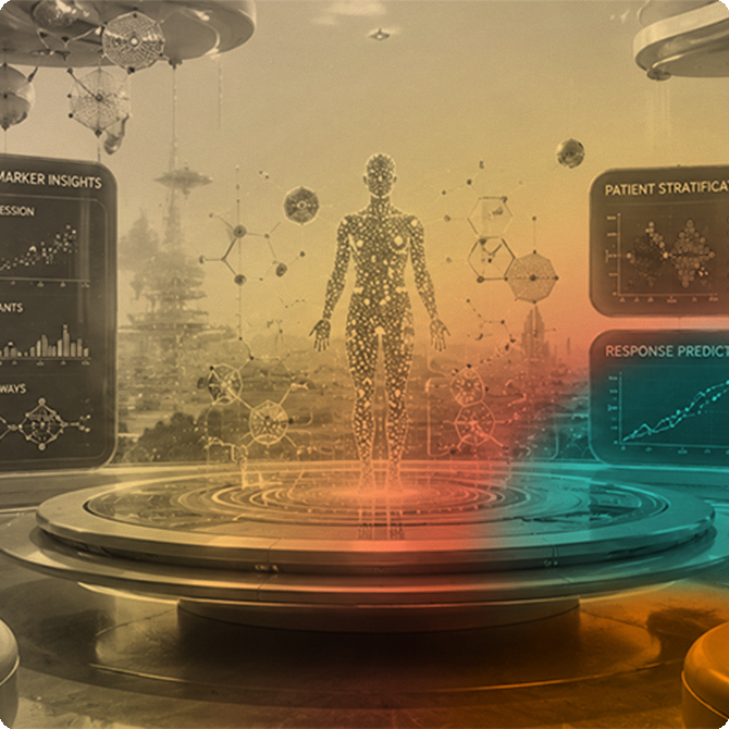 Holographic human figure made of glowing dots on a circular platform, with floating data charts and molecular icons in the background.