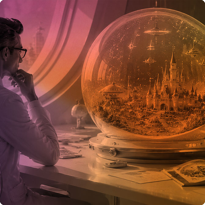 Man in a suit sits at a desk, gazing at a crystal ball containing a fantasy city with castles and flying saucers (dreamy sci‑fi scene).