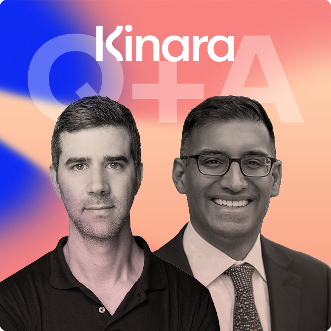 Two men pose in front of a pink-to-blue gradient background with the Kinara logo and a large Q&A graphic behind them.