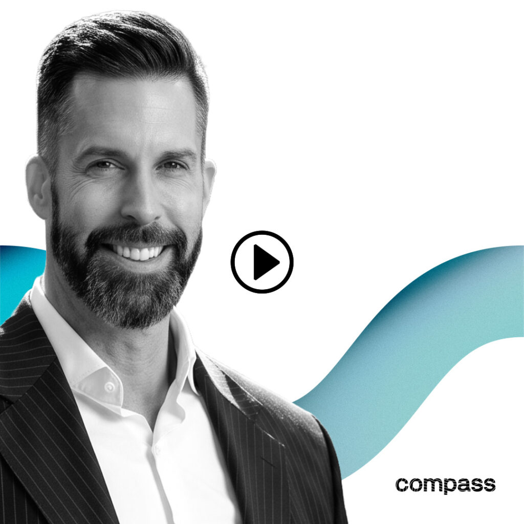 Video thumbnail with a smiling man in a suit, teal curved shapes, and a central play button; Compass logo in corner.